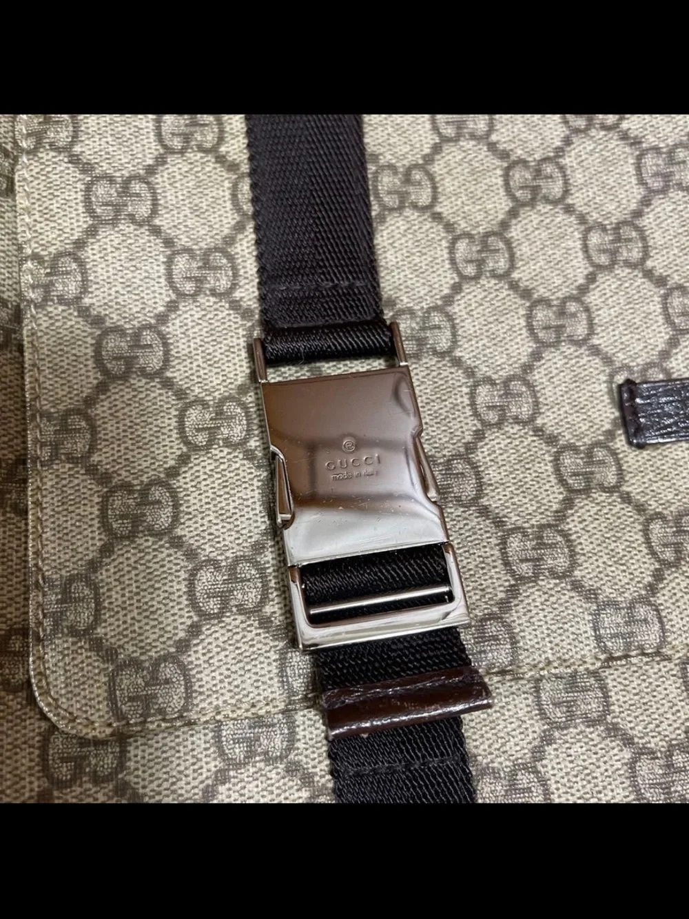 Gucci Brown GG Canvas Messenger Bag with Black Strap
